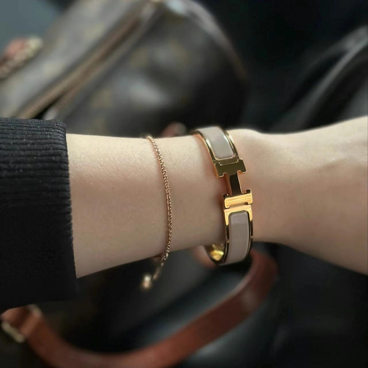 Hermès Gray Leather Bracelet with Rose Gold Details
