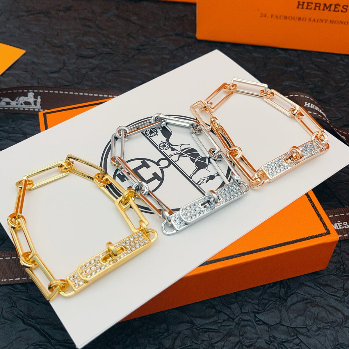 Hermès Gray Leather Bracelet with Rose Gold Details