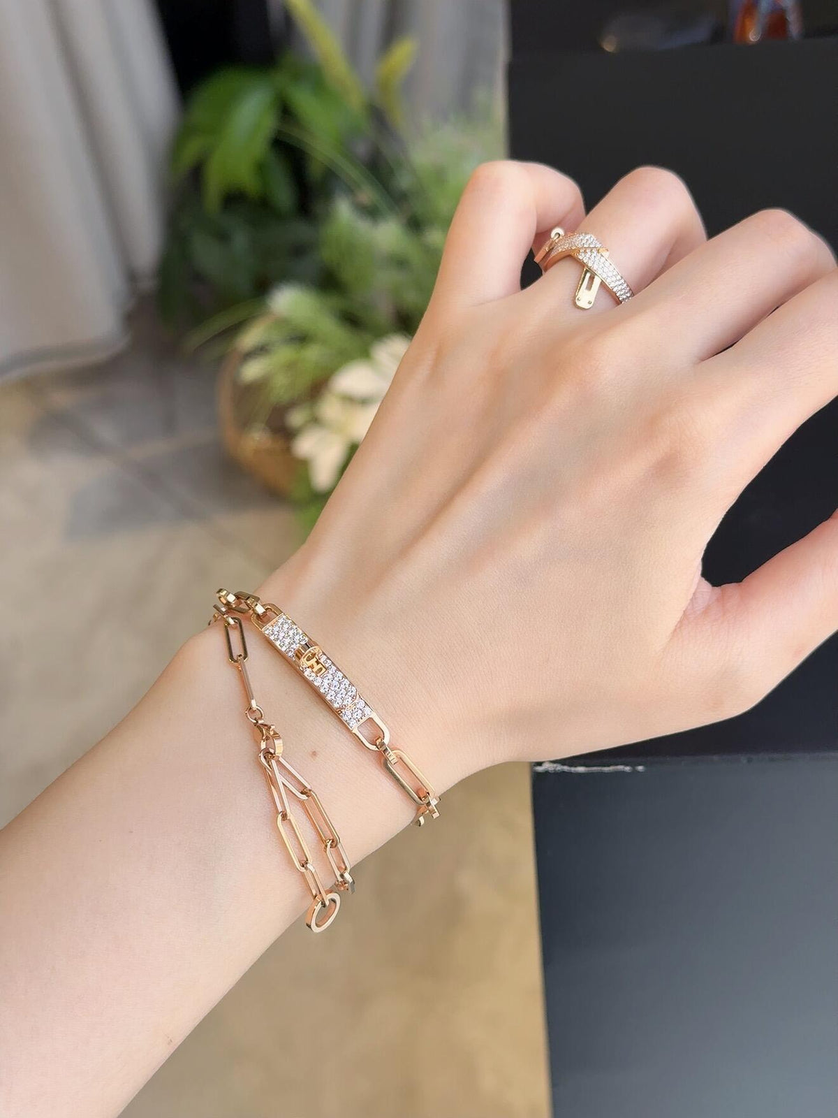 Hermès Gray Leather Bracelet with Rose Gold Details